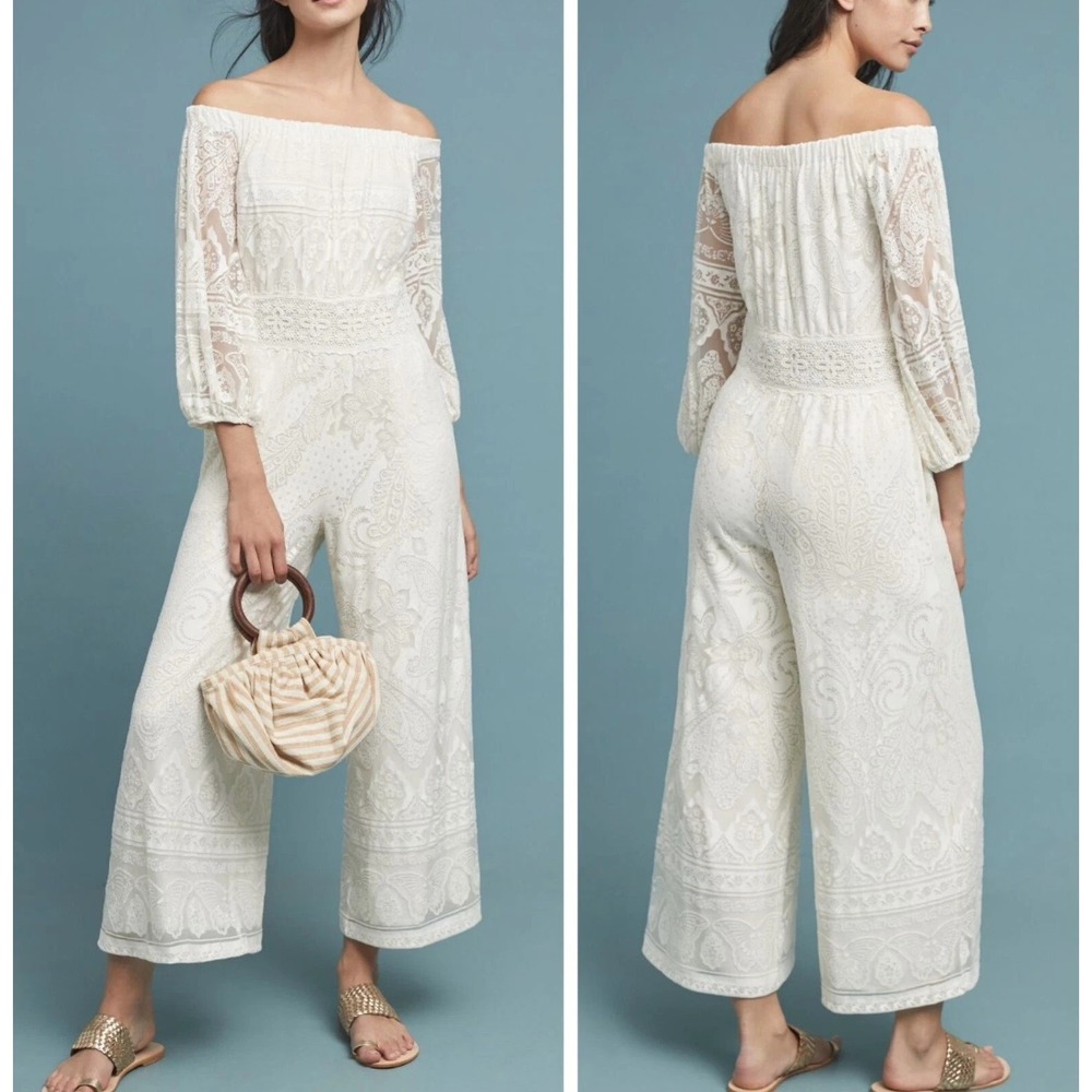 Farm Rio Elliott Lace Jumpsuit Womens XS Ivory Off Shoulder Wide Leg Anthro Boho